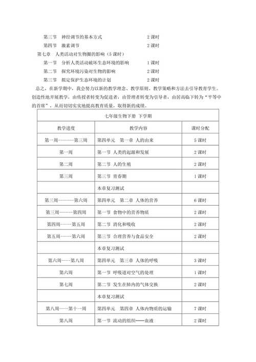 七年级生物下册教学计划，七年级生物下册教学计划表？